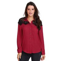 FRC0LT Fashion Women's Autumn Lace Panelled Long Sleeve Casual Loose T-Shirt Blouse (L, Red)