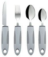 Adaptive Utensils (4-Piece Kitchen Set) Wide, Non-Weighted, Non-Slip Handles for Hand Tremors, Arthritis, Parkinson’s or Elderly Use - Stainless Steel Knife, Fork, Spoons - Grey