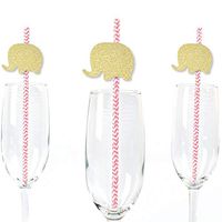Gold Glitter Pink Elephant Party Straws - No-Mess Real Gold Glitter Cut-Outs and Decorative Girl Baby Shower or Birthday Party Paper Straws - Set of 24