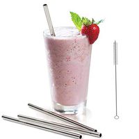 Set of 3 Stainless Steel Straws Reusable Drinking Mental Straws Recylable Smoothie Straight Straws Fits 20 Oz & 30 Oz Cups Free Cleaning Brushed Included (Silver)