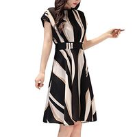 Airpow Women Belt Midi Dresses | Elegant Striped Crew Neck Short Sleeve Knee Length Sundress Pleated A-Lined Swing Dress (L, Black)
