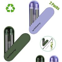 Reusable Collapsible Straws,Stainless Steel Metal Foldable Straw, Folding Straws Portable Set with Case & Cleaning Brush,2 Pack (Green & Blue)