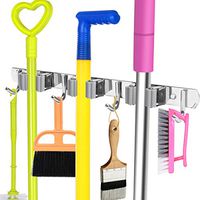Coitak Broom Mop Holder Wall Mount Stainless Steel Wall Mounted Storage Organizer Heavy Duty Tools Hanger with 3 Racks 4 Hooks for Kitchen Bathroom Closet Garage Office Garden
