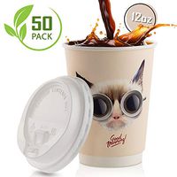 Disposable Coffee Cups With Leak-Proof Lids 12 Oz To-Go, 50-Pack Hot Paper Insulated Double Wall Cup Quality Secure-Locked Lid. Cute & Funny Cat Design, Cold/Hot Beverage Party Travel Cups.