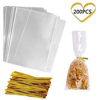 Cellophane Bags 200 PCS Clear Flat Cello Treat Bags Party Favor Bag for Gift Bakery Cookies Candies with 200 Twist Ties (4x6")