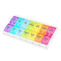 Flexzion AM PM Weekly Pill Organizer Box w/Push Button Design, Portable Color Coded Pill Tablet Vitamin Dispensers Reminders, 14 Compartment Slots Travel Medication Storage Case for Morning & Night