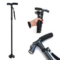 AD Foldable Canes Walking Stick Aluminum Alloy T Handle Non-Slip Base with Small 4 Leg Base with LED Light- Balck