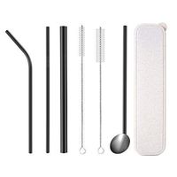 8.5 inch Set of 6 Stainless Steel Straws,Reusable  Drinking Metal， Smoothie Black Straws (1 bent + 2straight + +1 Spoon Tube and 2 Brushes )