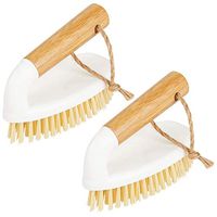 mDesign All-Purpose Mini Utility Scrubbing Brush, Bamboo Grip Handle, Stiff Bristles - Wet Deep Cleaning Brush for Kitchen Sink, Bathroom, Laundry Room, Garage, Household - 2 Pack - White/Natural Wood