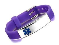 JF.JEWELRY Custom Engraved Medical ID Alert Bracelet for Kids Silicone Band & Stainless Steel Tag-Purple