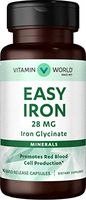 Vitamin World Easy Iron 28 mg. 90 Capsules, Iron Glycinate, Promote Red Blood Cell Production, Rapid-Release, Gluten-Free