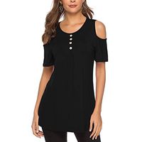 DesirePath Women Blouses and Tops Fashion Cold Shoulder Short Sleeve Comfy Soft Button Tunic Shirts (XL, Black)