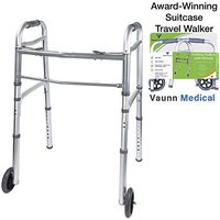 Vaunn Medical Two Button Folding Walker with Wheels, Adjustable Height and Detachable Legs (Renewed)