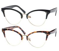 SOOLALA Womens Large Half Frame Cat Eye Reading Glass Unique Eyeglass Frame, BkLeo, 2.0