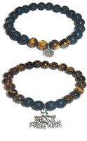 Hidden Hollow Beads Charm Tigers Eye and Black Lava Natural Stone Women's Yoga Beaded Stretch Bracelet Set. Comes in A Gift Box! (Best Friends)
