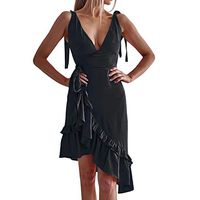 Fheaven Women Summer Holiday Dress Asymmetric Sleeveless V Neck Ruffle Wrap Dress Summer Sundress (2XL, Black)