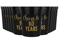 Cheers to 60 Years, 60th Birthday Party Cups, Set of 12, 16oz Black and Gold Stadium 60th Birthday Cups, Perfect for Birthday Parties, Birthday Decorations (60 Years)