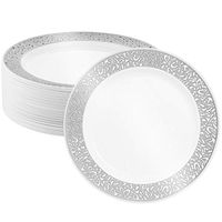 50 Plastic Disposable Dessert/Appetizer Plates | 7.5 inches White with Silver Lace Rim Real China Look | Ideal for Weddings, Parties, Catering | Heavy Duty & Non Toxic (50-Pack) by BloominGoods