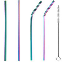 Reusable Stainless Steel Drinking Straws 8.5 inch Metal Drinking Straw for 20 oz Tumblers Cups Mugs,Cleaning Brush Included (2 Straight and 2 Bent Drinking Straws Rainbow Color)