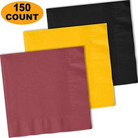 150 Lunch Napkins, Burgundy, Sunshine Yellow, Midnight Black - 50 Each Color. 2 Ply Paper Dinner Napkins. 6.5" folded, 13.5" unfolded.