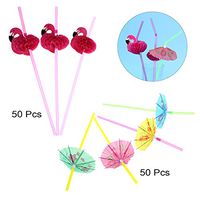 BESTOMZ 100pcs Tropical Drinking Straws Luau Wedding Hawaiian Umbrella Flamingo Flower (Mixed Color)