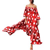 T Shirt Dress,Women Fashion Polka Dot Printed Dress Cold Shoulder Lace Ruffle Bow Dress Red