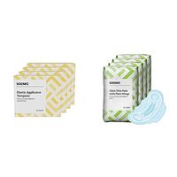Amazon Brand - Solimo Plastic Applicator Tampons, Regular Absorbency, Unscented, 144 Count (4 Packs of 36) & Solimo Ultra Thin Pads with Flexi-Wings for Periods, Long Length, Super Absorbency