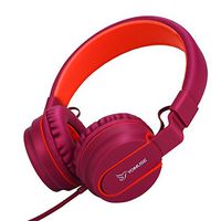 Yomuse F95 On Ear Headphones Foldable Adjustable Headband with Microphone, 3.5mm Plug Jack for Kids Childrens Teens Adults Dark Red