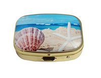 LCTCKP Custom Fashion Square Glass Gold Pill Case Decorative Metal Western Medicine Tablet Container Box (Starfish with Seashell on The Sandy Beach)