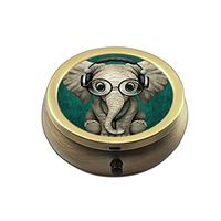 Pill Box Case Round Bronze Weekly Pill Organizers Case Decorative Boxes- Custom Fashion Style Bronze Pill Box Case For Purse- 3 Compartments Pill Box/Pill Case Pocket (Cute Baby Elephant Dj)