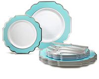 " OCCASIONS" 150pcs set (25 Guests)-Wedding Plastic Plates & cutlery -Disposable heavyweight Dinnerware 10.5'',8''+Silverware w/double fork (Imperial in White/Turquoise Blue & Silver)