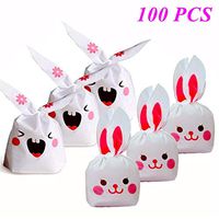 100PCS Easter Bunny Cellophane Treat Bags Candy Gift Wrap Bags Party Favors Supplies Rabbit Ear Bags