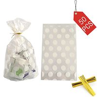 Clear Cello Bags Candy Cookie Treat Plastic Bag White Dot Cellophane party favor bags with Twist Ties for Wedding,Bridal Shower,Birthday,Baby Shower,celebration party supplies decorations,50pcs