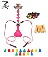 Zebra Smoke Series: 21" 2 Hose Medium Jewel (A1) Hookah Complete Set Combo KIT w/ Instant Charcoal (Like Three Kings Charcoal), Zebra smoke: Joker series (like Blue Mist), and Hookah Mouth Tips (PINK)