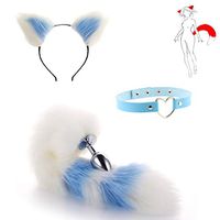 Cat Ears Headband Fluffy Faux Fox Tail Charms Role Play Costume Party Cosplay Prop （ White and Blue）-L