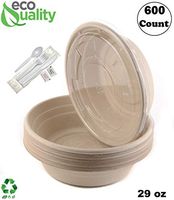 600 Count - 24oz Round Disposable Bowls with Lids and Cutlery - Natural Sugarcane Bagasse Bamboo Fibers Sturdy Compostable Eco Friendly Environmental Paper Plastic Bowl Alternative - Fork,Spoon,Knife