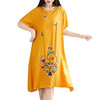 Vintage Casual Cute Dress Women Summer Short Sleeve Knee Length Loose Hem Dress Yellow