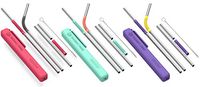 Asobu Reusable Metal and Silicone Straw with Cleaning Brush and Case (Red Black/mint coral/Purple Yellow)