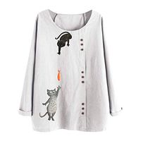 Xia&Han Women's Printed Blouse Long Sleeve Shirt O Neck Top Loose Tee Cotton Linen Pullover Button Tunic White