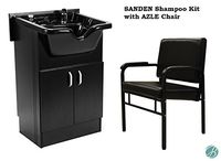 Set of SANDEN Shampoo Cabinet with Azle Shampoo Chair (Black), Faucet, Shampoo Sink Bowl, Drain for Beauty Salon and Spa