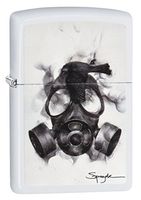 Zippo Spazuk Black Bird Resting on a Smokey Gas Mask White Matte Lighter