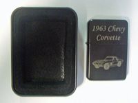 1963 Chevy Corvette Engraved Black Plated Brass Refillable Lighter in Black tin case