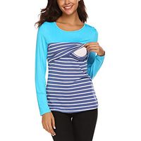 MINGLIFE Maternity Long Sleeve Striped Nursing Nightgown Maternity Tops Soft Breastfeeding T-Shirt for Women (Blue, XXL)
