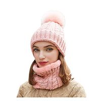 Theoylos Women's Knit Hat 2PCS Winter Warm Beanie Hat Ladies Stretch Pompom Crossed Cap + Scarf Two Piece Set Pink