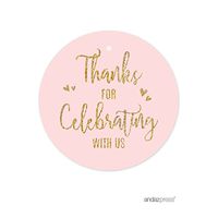 Andaz Press Blush Pink Gold Glitter Print Wedding Collection, Round Circle Gift Tags, Thank You for Celebrating with US, 24-Pack