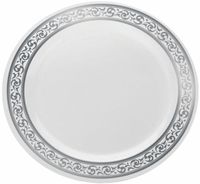 Decor Premium Heavy Weight Disposable Elegant 9" Dinner Plates, Classic Collections Silver & White, 40 Count