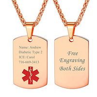 Red Caduceus Medical Alert Necklace Rose Gold Plated Stainless Steel Chain Customized Medic Condition Tags Pendant for Men and Women