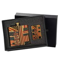 American Flag USA Stripes - Gold Lighter and Pocket Hip Liquor Flask Survival Camping Gift Box Set