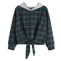 HNTDG Women Long Sleeve Casual Plaid Printed Knotted Hoodie Short Loose Sweatshirt Tops Green