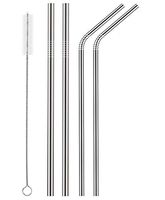 Set of 8 Stainless Steel Straws – 4 Straight Extra Wide + 4 Bent Angled Extra Long Straws – Great for Smoothie, Shakes, Thick Drinks or juices – Reusable Straws – BPA free – 2 Bonus Cleaning Brush